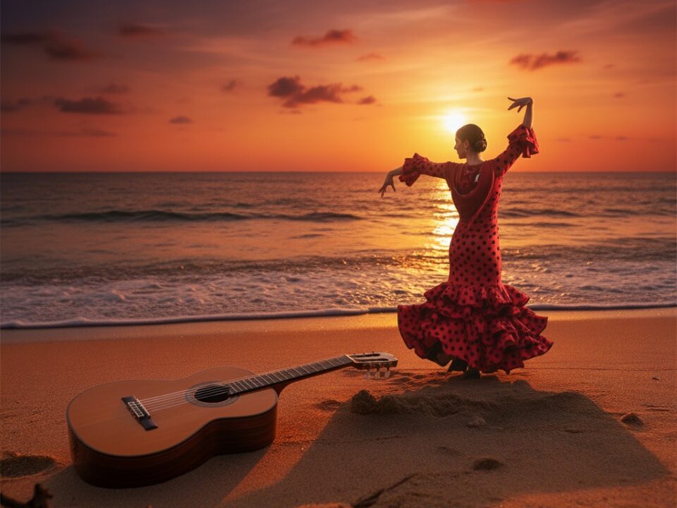 Andalusische Nacht – Jam Session „Beim Gunther“ – Erntedankfest 2 Flamenco-Tänzerin im roten Kleid mit Punkten tanzt bei Sonnenuntergang am Strand, davor liegt eine Gitarre im Sand