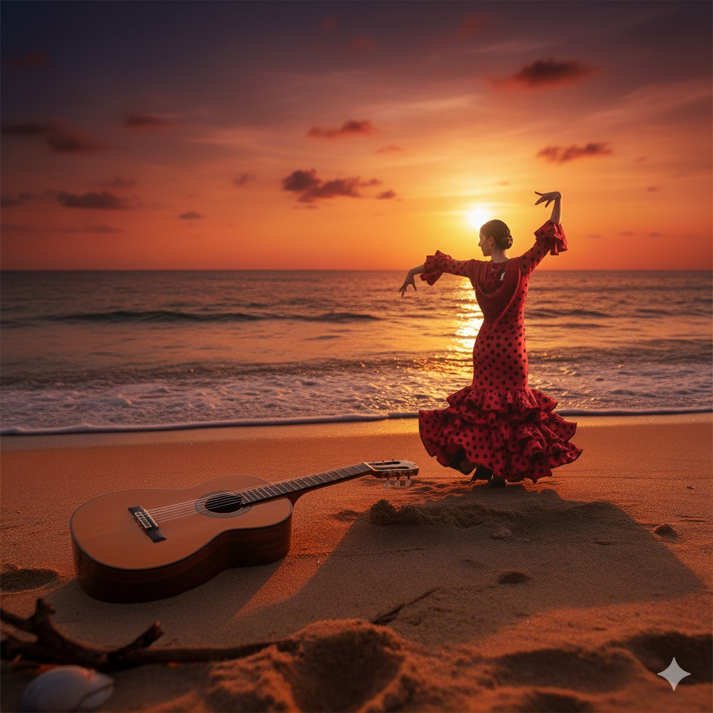 Flamenco-Tänzerin im roten Kleid mit Punkten tanzt bei Sonnenuntergang am Strand, davor liegt eine Gitarre im Sand